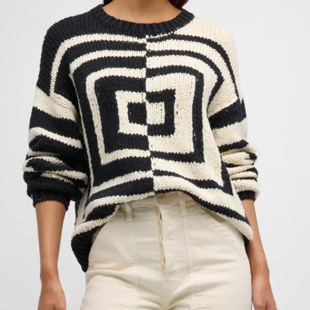 MOTHER Black and Cream Geometric Striped Knit Sweater